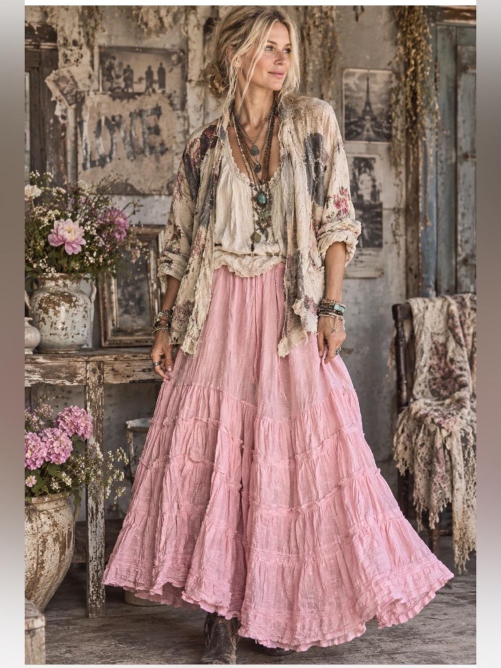 Hand Crafted Blush Pink Boho Maxi Skirt